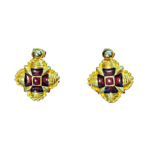 Vintage Dauplaise Statement Earrings Gold Garnet Tone Costume Jewelry Victorian - Picture 6 of 6